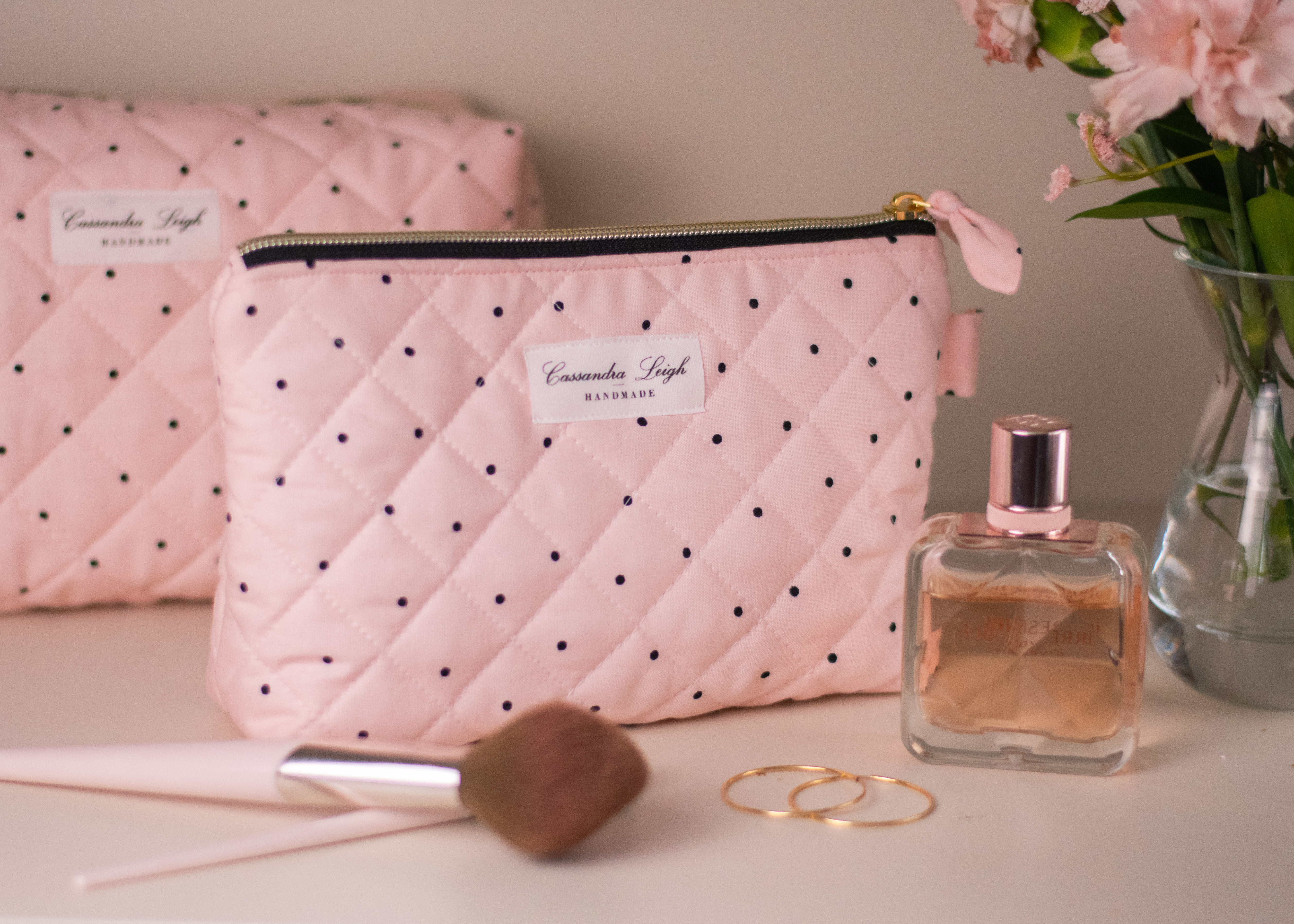 Cassandra Leigh Handmade pink and black polka dot travel Toiletry Bag, Cosmetic Bag, Makeup pouch, diaper bag, pencil case, quilted waterproof