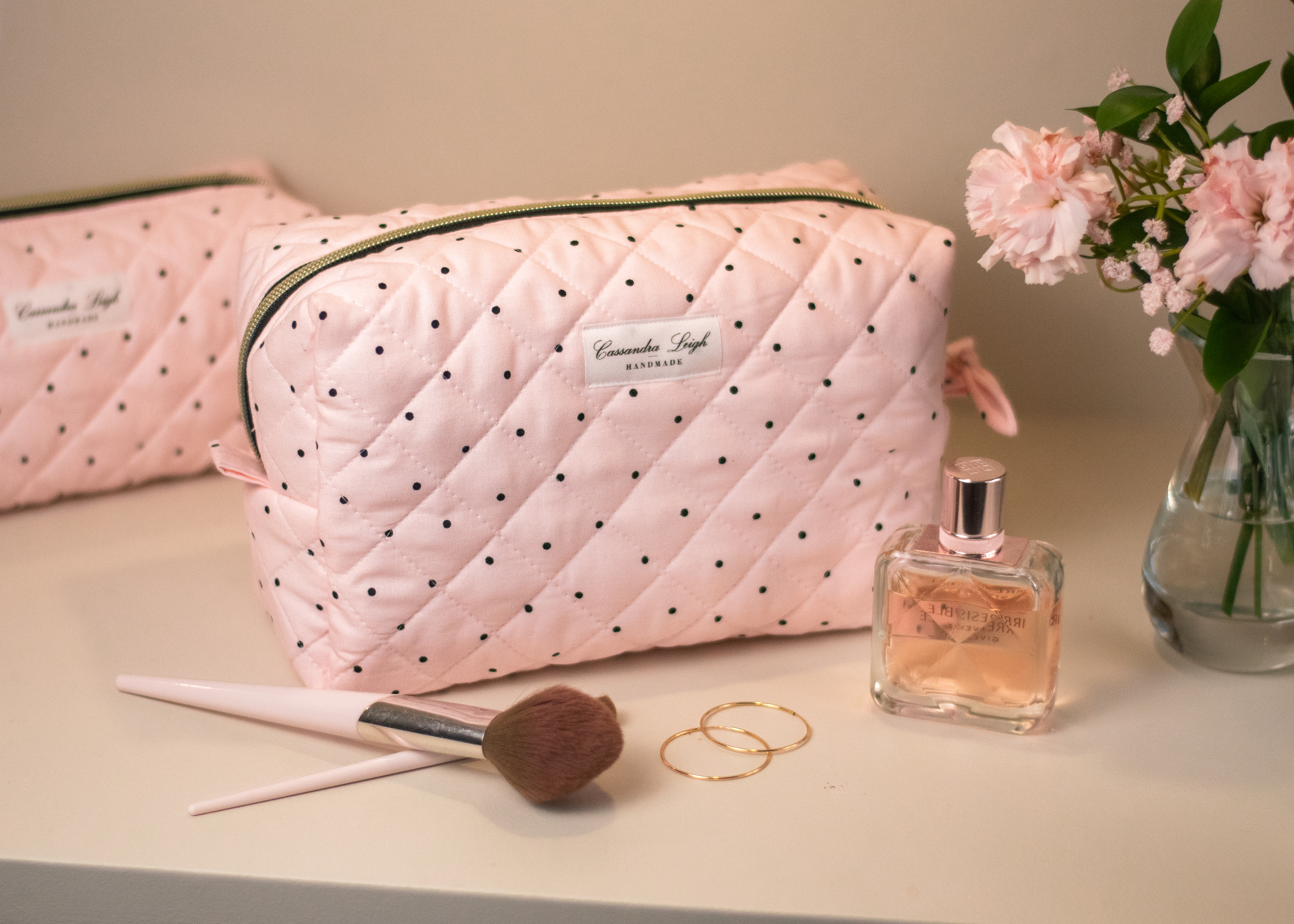 Cassandra Leigh Handmade pink and black polka dot Maxi Large Toiletry Bag, Cosmetic Bag, Makeup pouch, diaper bag, quilted waterproof