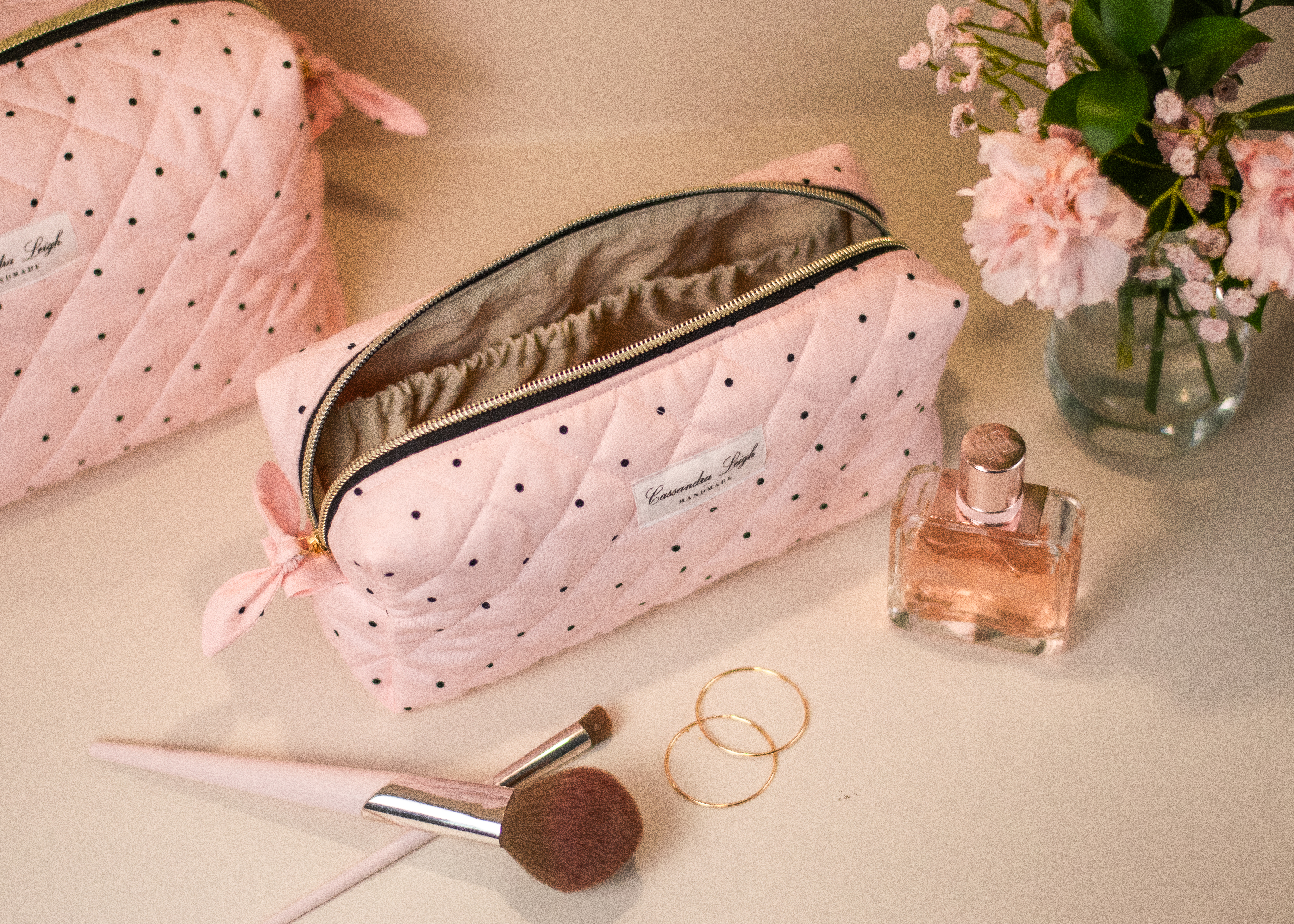 Cassandra Leigh Handmade pink and black polka dot travel Toiletry Bag, Cosmetic Bag, Makeup pouch, diaper bag, pencil case, quilted waterproof