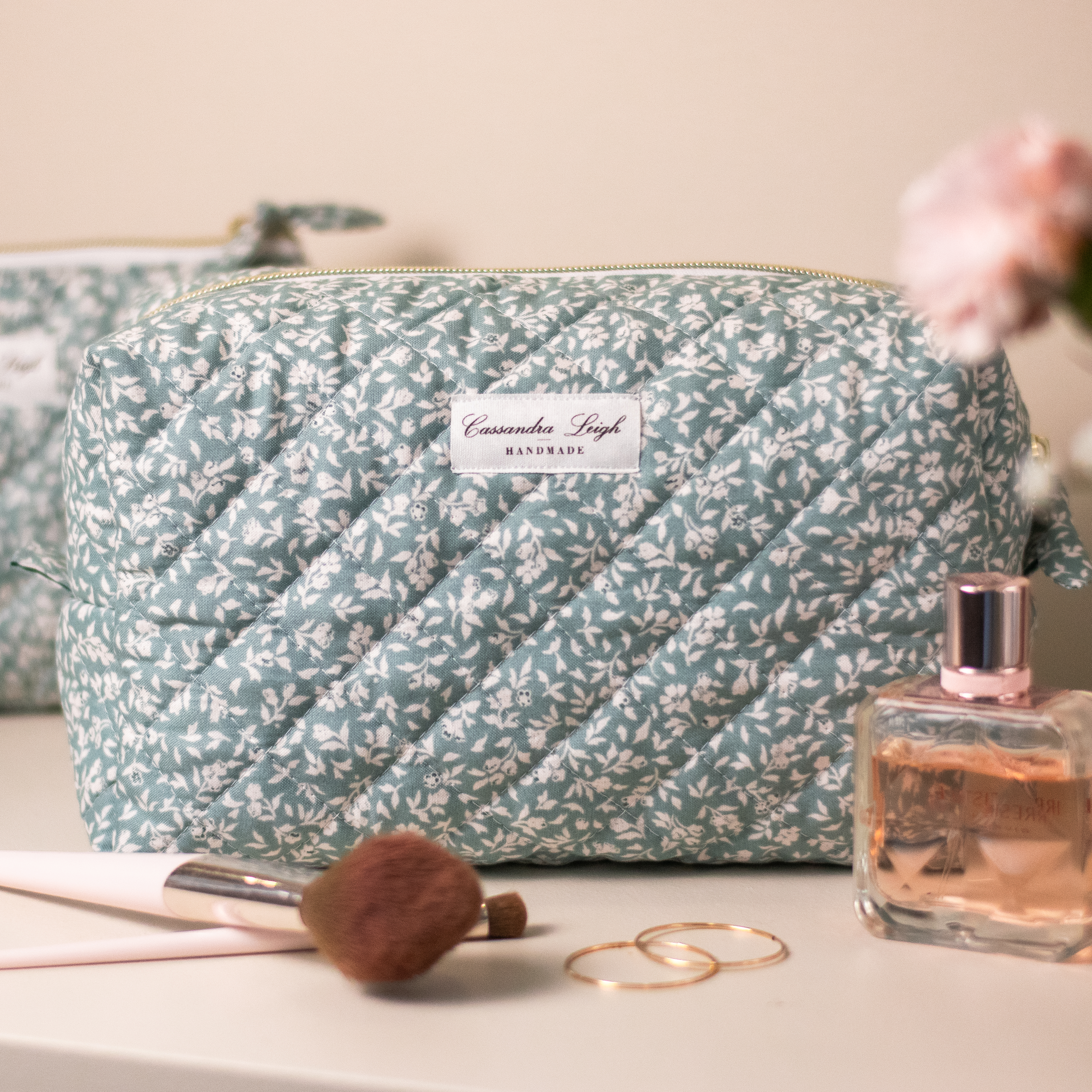 Cassandra Leigh Handmade Teal turquoise Floral Maxi Large Toiletry Bag, Cosmetic Bag, Makeup pouch, diaper bag, quilted waterproof