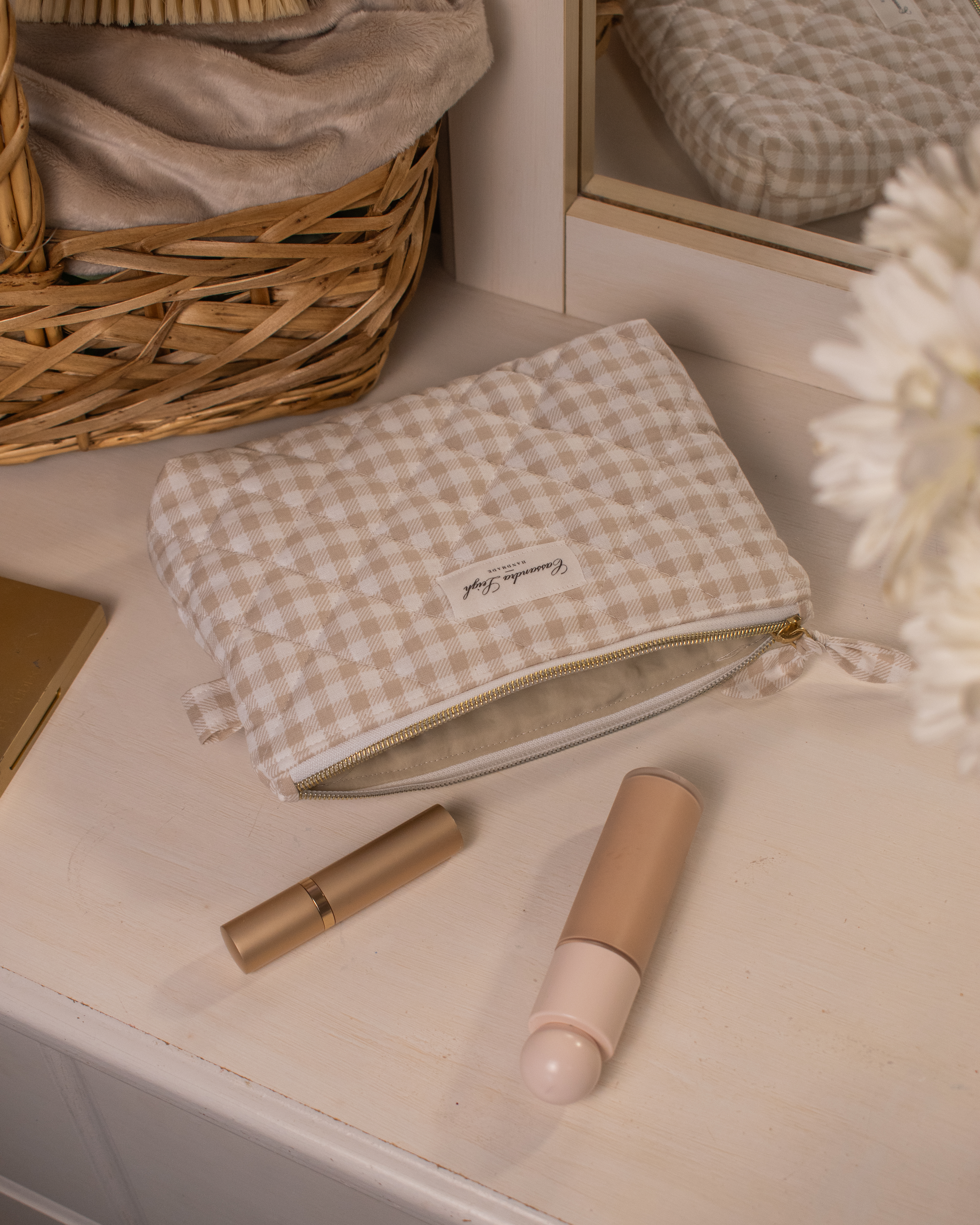 Cassandra Leigh Handmade tan sand neutral and white checkered, gingham travel Toiletry Bag, Cosmetic Bag, Makeup pouch, diaper bag, pencil case, quilted waterproof