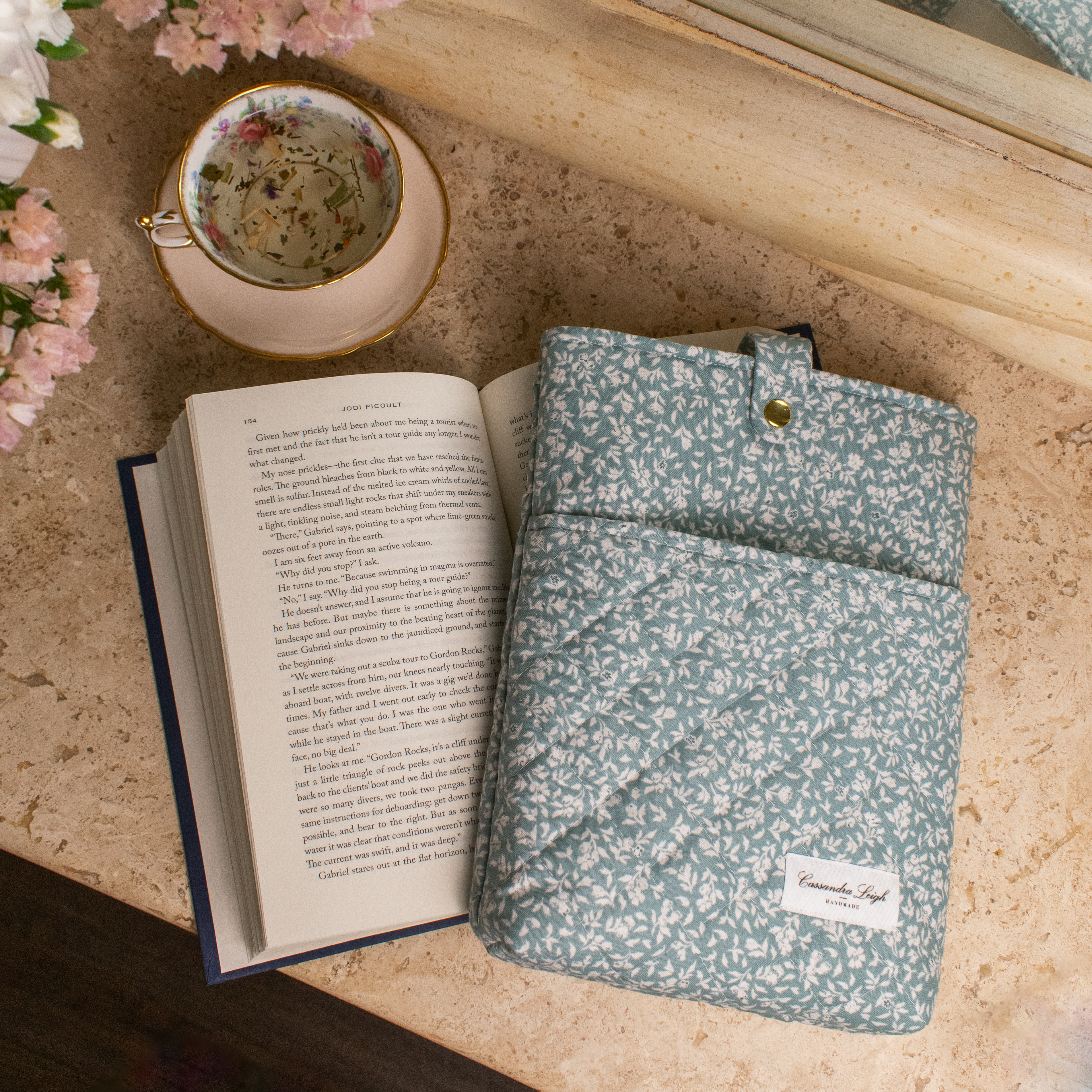 Cassandra Leigh Handmade - Book Sleeve with Pocket - teal turquoise floral Customizable Quilted Book Bag Cover, Protective Bible Sleeve, Christian Gift with Bow or Snap
