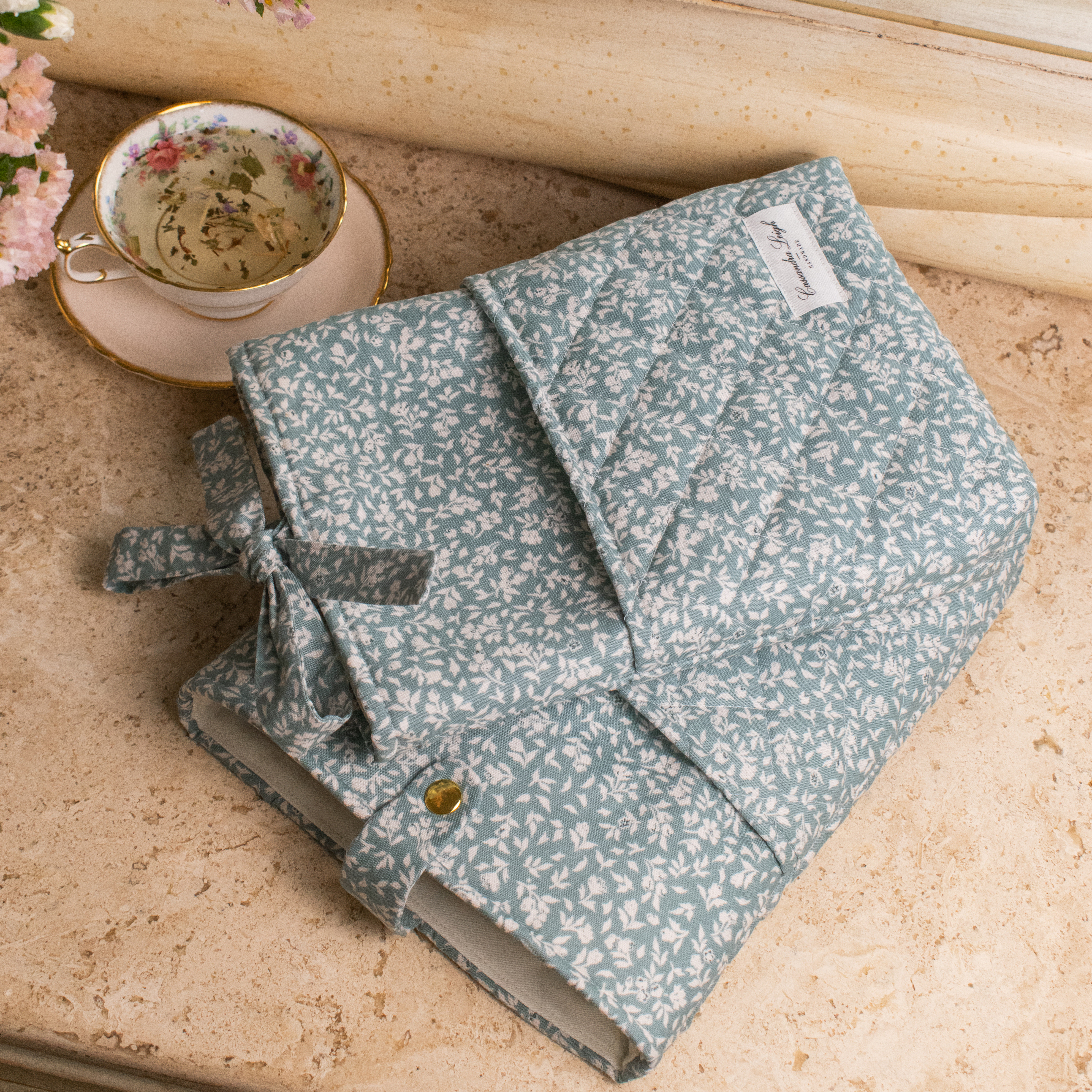 Cassandra Leigh Handmade - Book Sleeve with Pocket - teal turquoise floral Customizable Quilted Book Bag Cover, Protective Bible Sleeve, Christian Gift with Bow or Snap