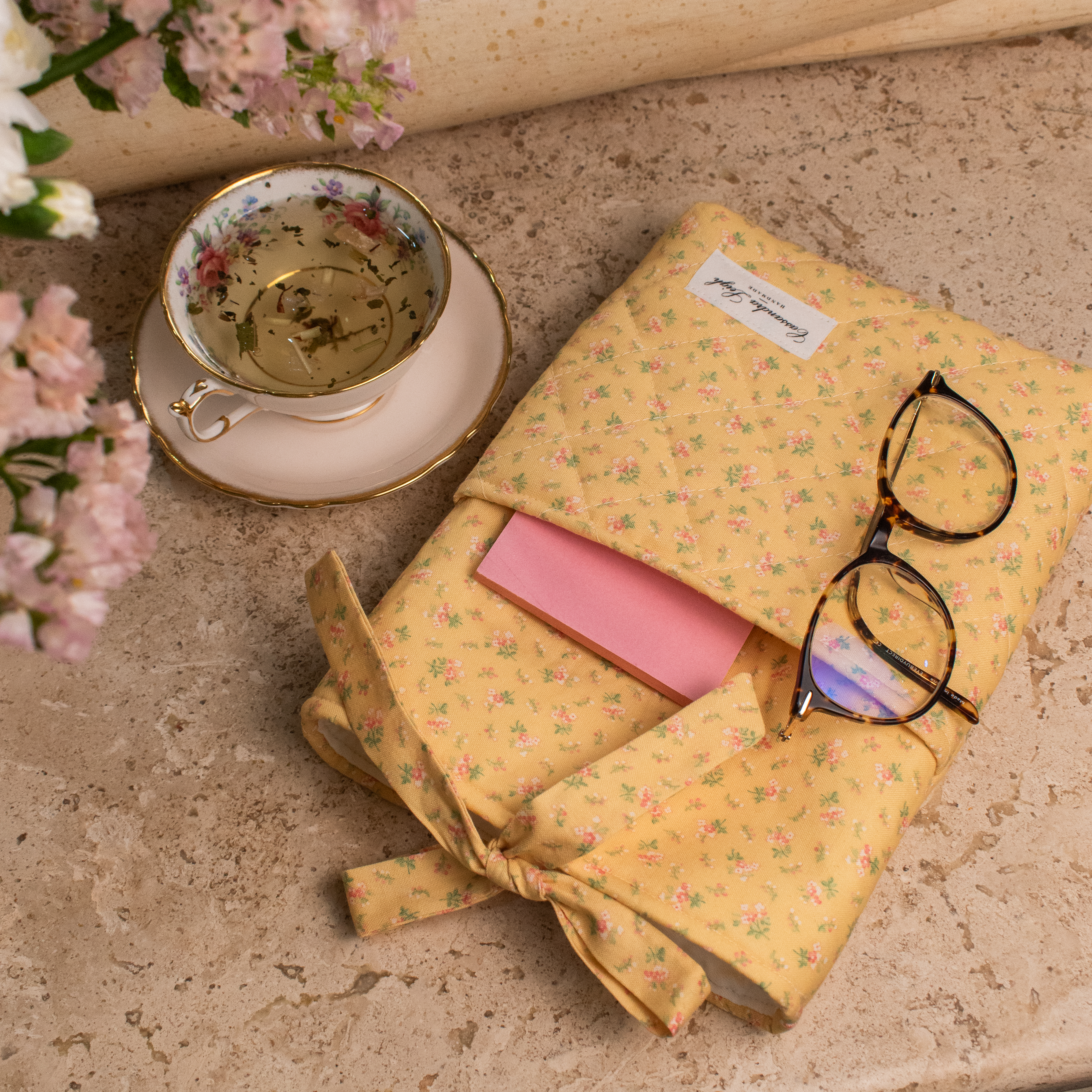 Cassandra Leigh Handmade - Book Sleeve with Pocket - pastel yellow and peach, pink peony floral Customizable Quilted Book Bag Cover, Protective Bible Sleeve, Christian Gift with Bow or Snap