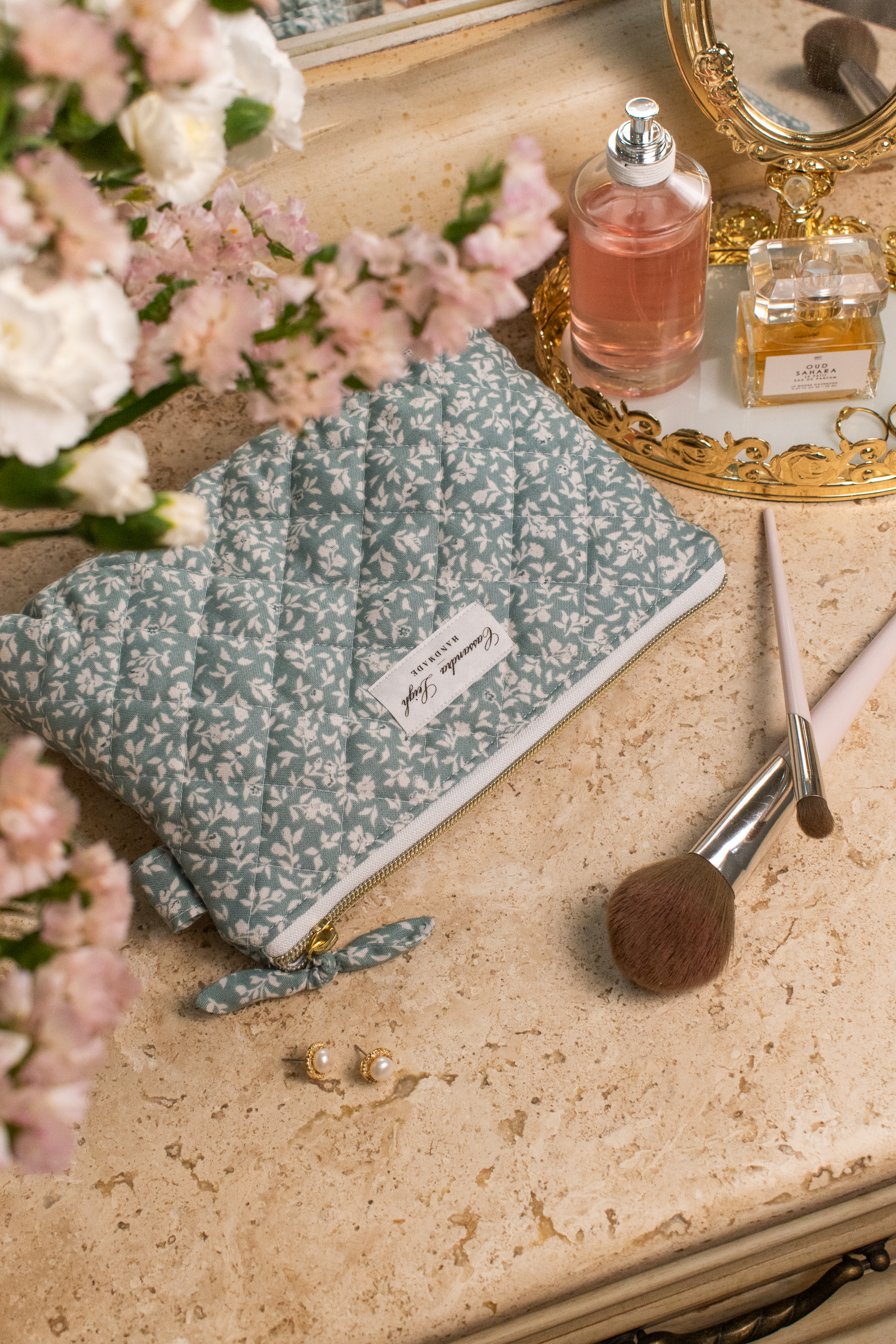 Cassandra Leigh Handmade teal floral travel Toiletry Bag, Cosmetic Bag, Makeup pouch, diaper bag, pencil case, quilted waterproof